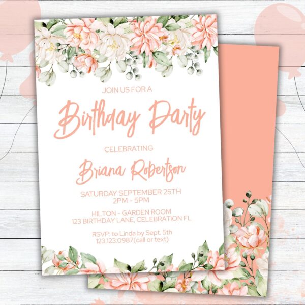 Modern Peach Floral Birthday Party Invitation Free Thank You Card - Image 4