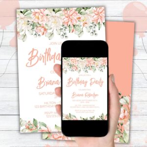 Modern Peach Floral Birthday Party Invitation Free Thank You Card