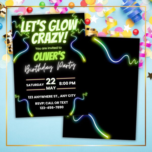 Green Glow Party Invitation Birthday Party Invite - Image 2