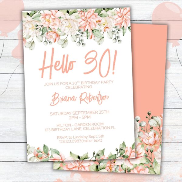 Modern Peach Floral 30th Birthday Party Invitation Free Thank You Card - Image 2