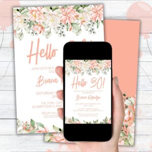 Modern Peach Floral 30th Birthday Party Invitation Free Thank You Card