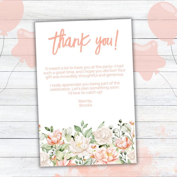 Modern Peach Floral Birthday Party Invitation Free Thank You Card - Image 2