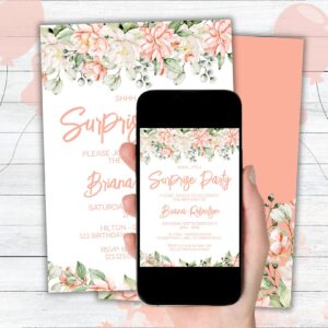 Modern Peach Floral Surprise Birthday Party Invitation & Free Thank You Card