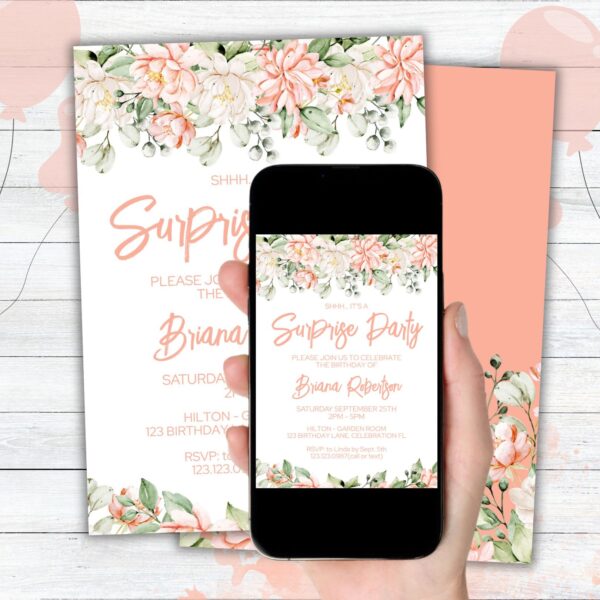 Modern Peach Floral Surprise Birthday Party Invitation & Free Thank You Card