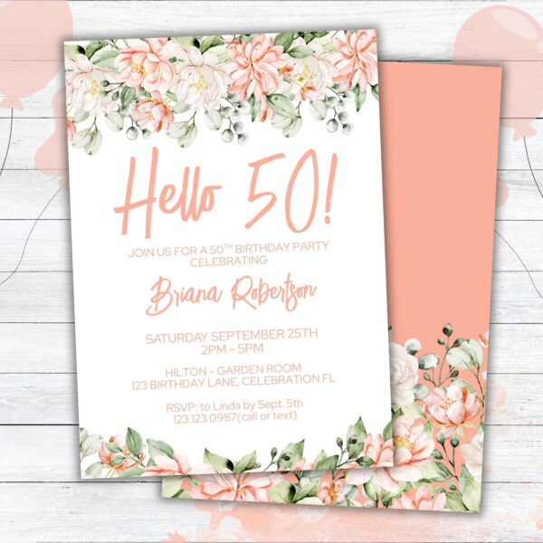 Modern Peach Floral 50th Birthday Party Invitation Free Thank You Card - Image 2