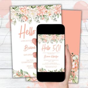 Modern Peach Floral 50th Birthday Party Invitation Free Thank You Card