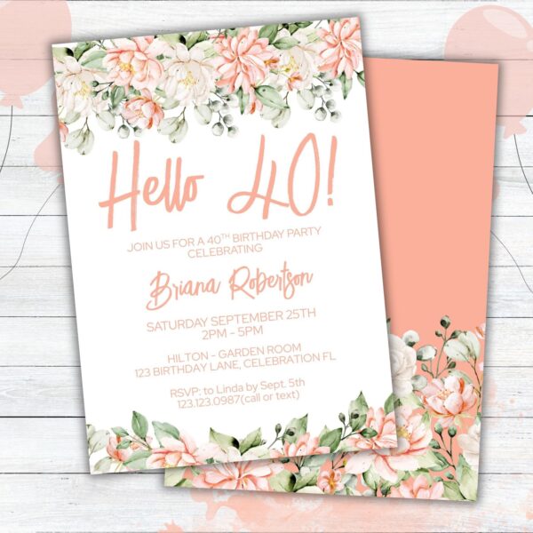 Modern Peach Floral 40th Birthday Party Invitation &  Thank You Card - Image 2