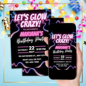 Neon Pink Glow Party Invitation Birthday Party Invite