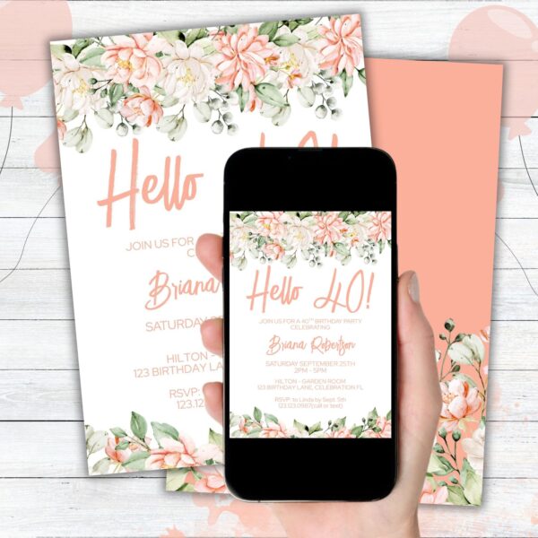 Modern Peach Floral 40th Birthday Party Invitation &  Thank You Card