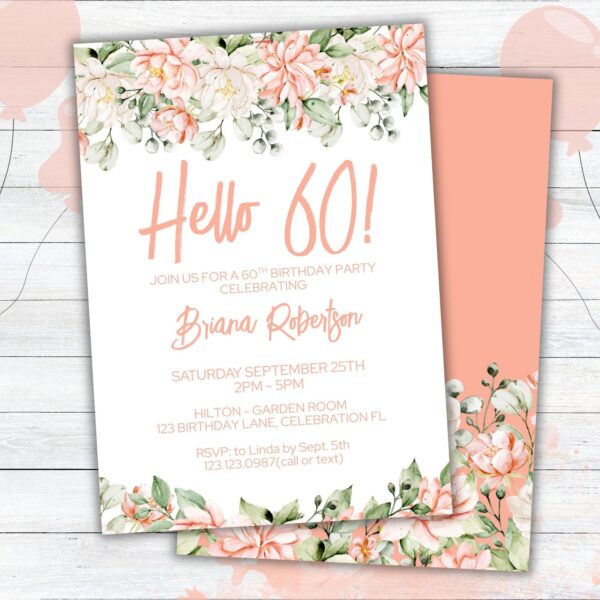 Modern Peach Floral 60th Birthday Party Invitation Free Thank You Card - Image 2